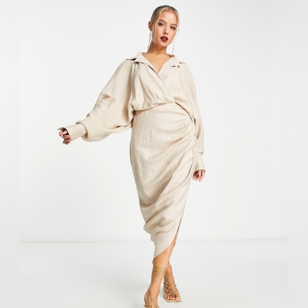 NWT ASOS EDITION textured drape midi shirt dress with tie detail in stone